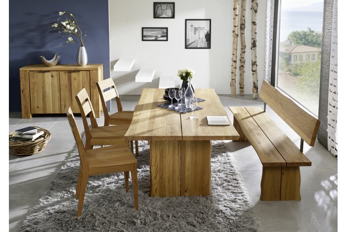 Essgruppe Massivholz Dalida Tischgruppe Holz massiv mit 3 Sthlen und Sitzbank Wildeiche 12021
