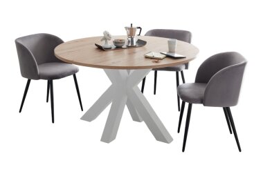 Esstisch Rund ausziehbar Edda 10 110 x 110 x 78 Küchentisch Weiß Matt Lack/Asteiche 13558