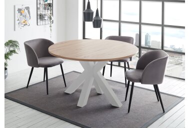 Esstisch Rund ausziehbar Edda 10 110 x 110 x 78 Küchentisch Weiß Matt Lack/Asteiche 13558