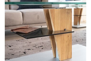 Couchtisch eckig Catreen 100x60x47 Wohnzimmertisch Massivholz höhenverstellbar Wildeiche/Klarglas/Edelstahl 16195