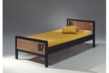 Einzelbett Kameko 209x97x75 MDF+Massivholz Schwarz/Cognac