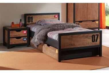 Bett mit Nachtkommode Kameko MDF+Massivholz Schwarz/Cognac