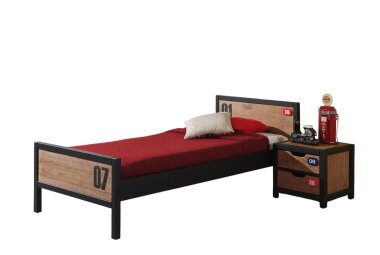 Bett mit Nachtkommode Kameko MDF+Massivholz Schwarz/Cognac