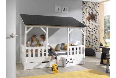 Hausbett Kateena 214x105x174 MDF+Massivholz Weiß/Schwarz