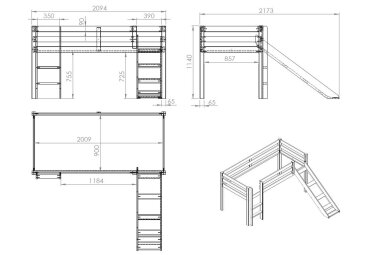 Kinderbett mit Rutsche Karolina 210x114x218 aus Massivholz in natur