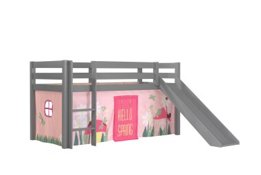 Kinderbett mit Rutsche Karolina Massivholz Grau Textilset...