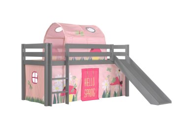 Kinderbett mit Rutsche Karolina Massivholz Grau Textilset...