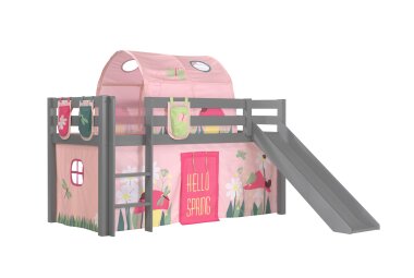 Kinderbett mit Rutsche Karolina Massivholz Grau Textilset...