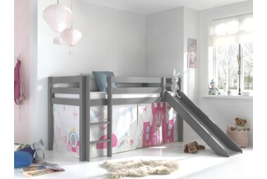 Kinderbett mit Rutsche Karolina Massivholz Grau Textilset...