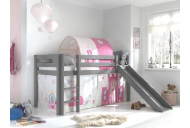 Kinderbett mit Rutsche Karolina Massivholz Grau Textilset...