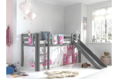 Kinderbett mit Rutsche Karolina Massivholz Grau Textilset...
