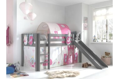 Kinderbett mit Rutsche Karolina Massivholz Grau Textilset...