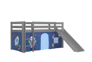 Kinderbett mit Rutsche Karolina Massivholz Grau Textilset...