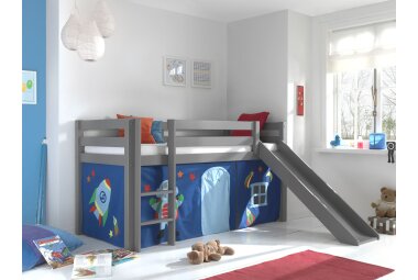 Kinderbett mit Rutsche Karolina Massivholz Grau Textilset...