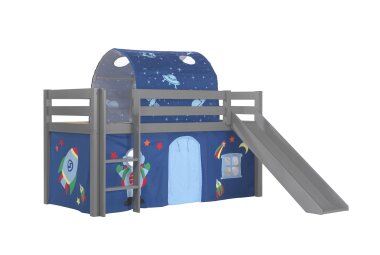 Kinderbett mit Rutsche Karolina Massivholz Grau Textilset...