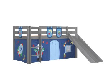 Kinderbett mit Rutsche Karolina Massivholz Grau Textilset...