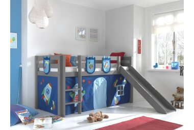 Kinderbett mit Rutsche Karolina Massivholz Grau Textilset...