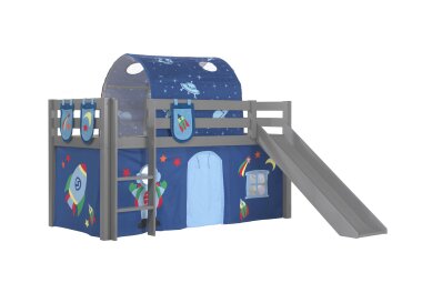 Kinderbett mit Rutsche Karolina Massivholz Grau Textilset...