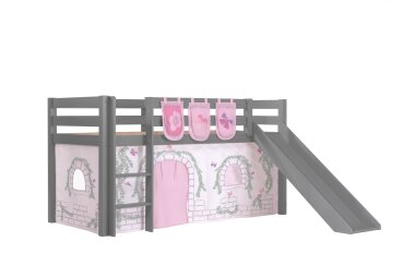 Kinderbett mit Rutsche Karolina Massivholz Grau Textilset...