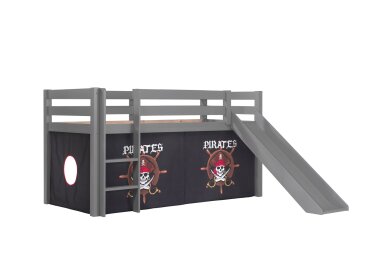 Kinderbett mit Rutsche Karolina Massivholz Grau Textilset...