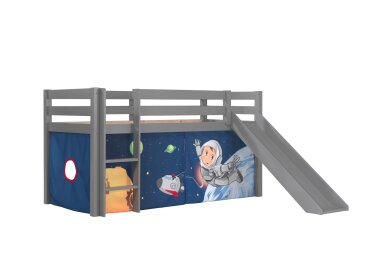 Kinderbett mit Rutsche Karolina Massivholz Grau Textilset...