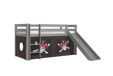 Kinderbett mit Rutsche Karolina Massivholz Grau Textilset...