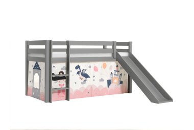 Kinderbett mit Rutsche Karolina Massivholz Grau Textilset...