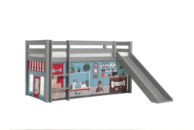 Kinderbett mit Rutsche Karolina Massivholz Grau Textilset...