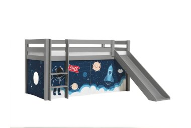 Kinderbett mit Rutsche Karolina Massivholz Grau Textilset...