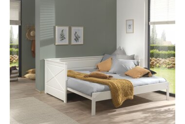 Funktionsbett Kati 209x100x80 Ausziehbett Massivholz+MDF Weiß