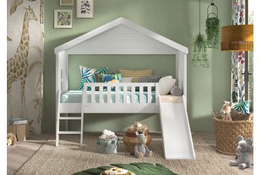 Hausbett mit Rutsche Kathye 213x192x202 Massivholz+MDF Weiß