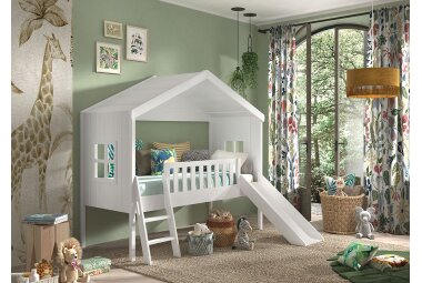 Hausbett mit Rutsche Kathye 213x192x202 Massivholz+MDF Weiß