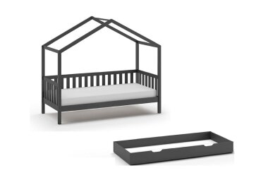 Hausbett Kapua 210x97x170 Kinderbett Massivholz Anthrazit