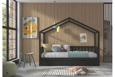 Hausbett Kapua 210x97x170 Kinderbett Massivholz Anthrazit