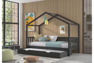 Hausbett Kapua 210x97x170 Kinderbett Massivholz Anthrazit