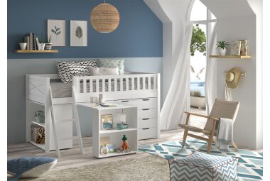 Kinderbett Karyl 208x114x135 Massivholz Weiß Regal Kommode