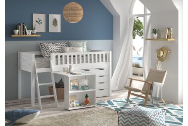 Kinderbett Karyl 208x114x135 Massivholz Weiß Kommode