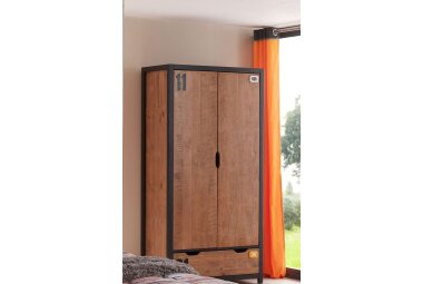 Kleiderschrank Kameko 100x55x200 2-türig MDF+Massivholz Schwarz/Cognac