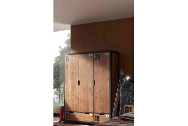 Kleiderschrank Kameko 148x55x200 3-türig MDF+Massivholz Schwarz/Cognac